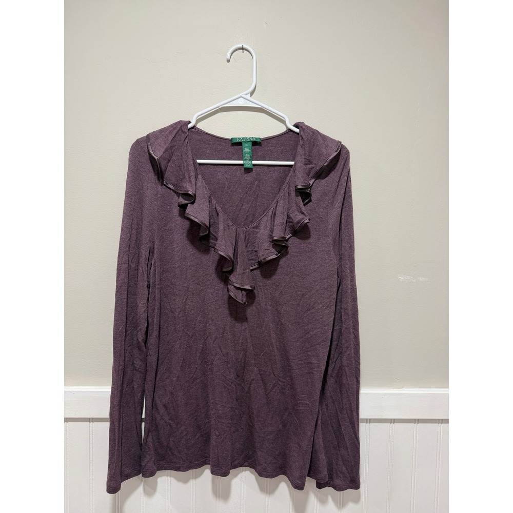 Lauren Ralph Lauren Long Sleeve Ruffle V-Neck Boho Coquette Women Size XL